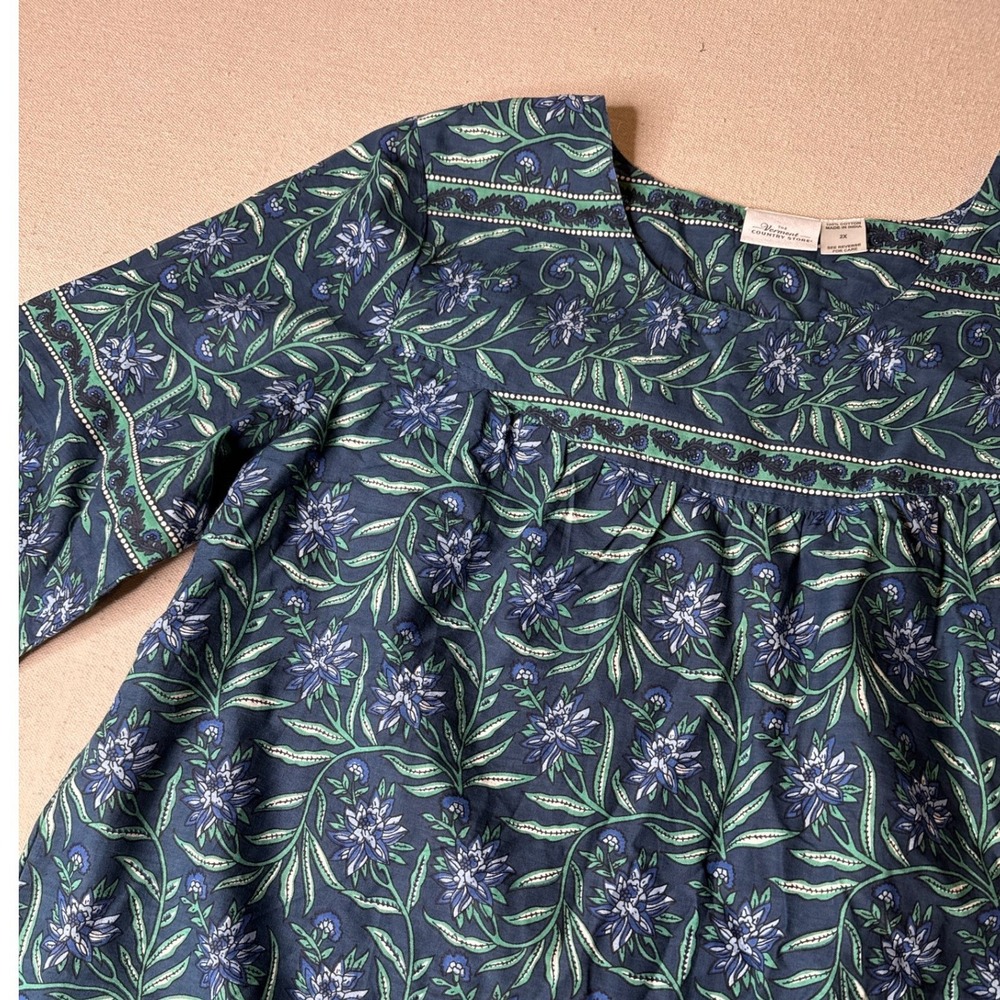 Vermont Country Store Womens 2X Blue Green Floral 100% Cotton Tunic 3/4 Sleeve